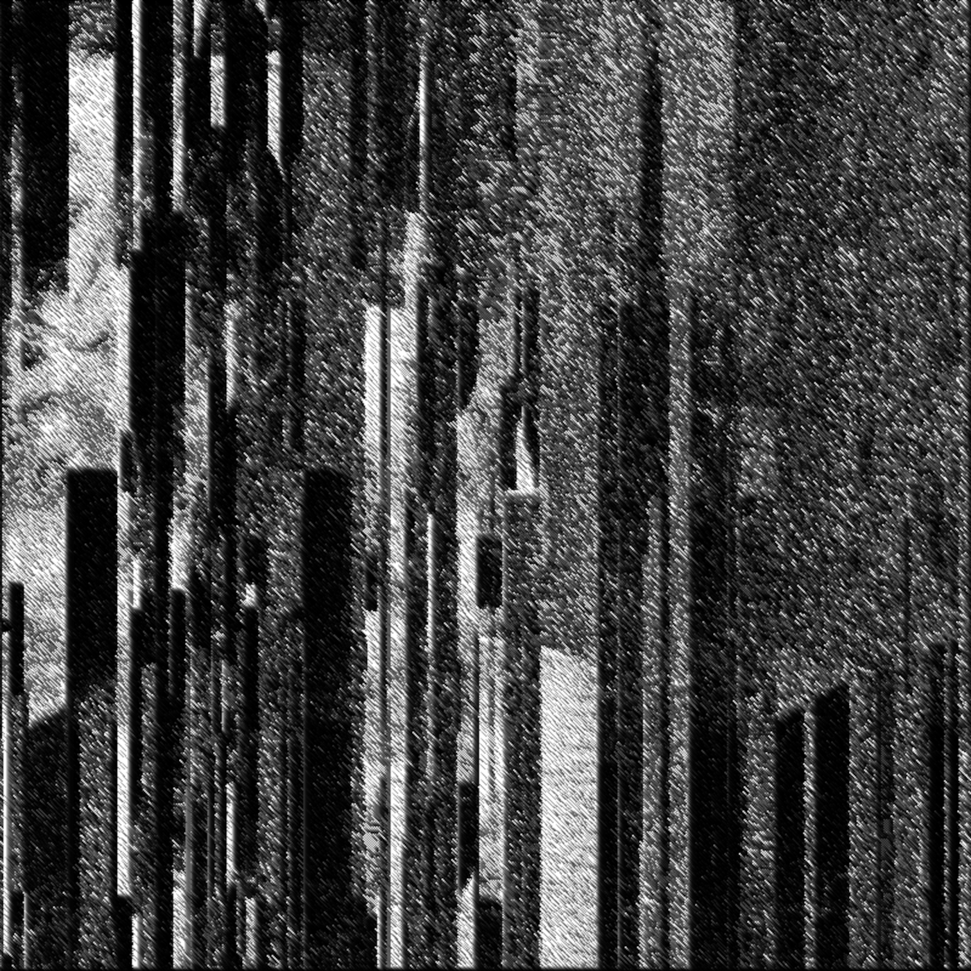 An unrecognizable shape, broken chaotically into black and white vertical bars, being washed away by smeared grey static.