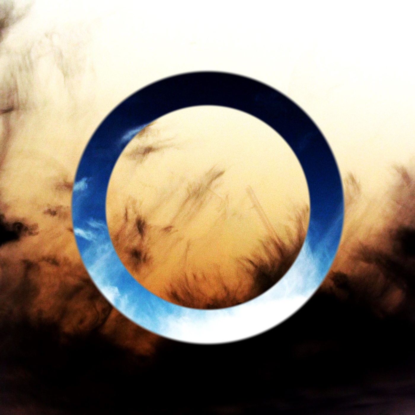 Black clouds beneath a sepia tone sky. White clouds and a blue sky can be seen through a ring in the center.