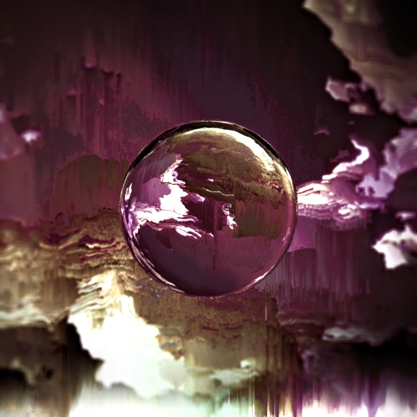 A reflective orb floats in the center, surrounded by stylized clouds and a purple sky.