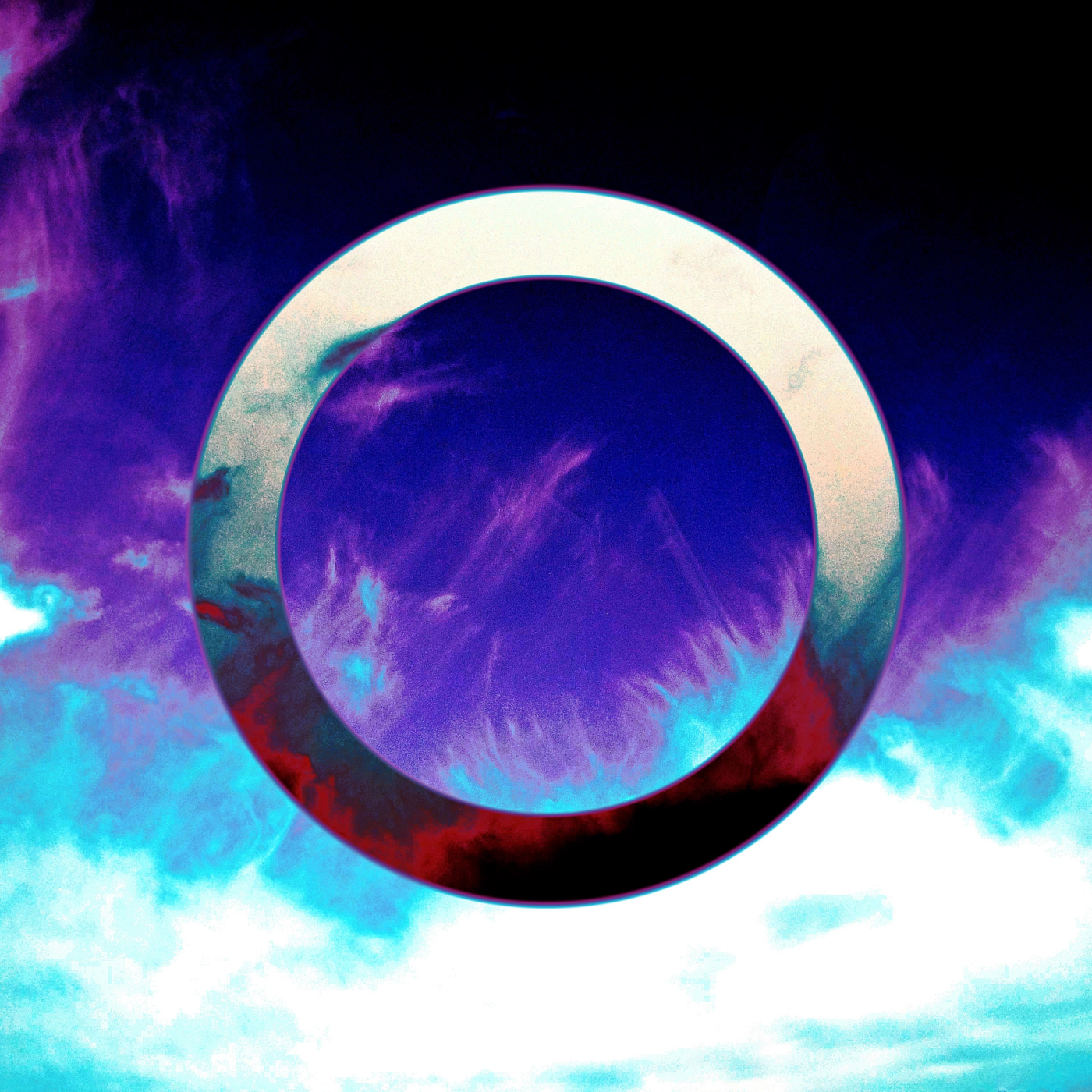 White clouds beneath a dark sky. Dark red clouds and a white sky can be seen through a ring in the center.