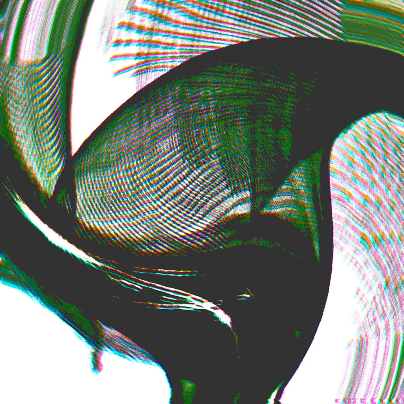 An abstract green shape resembling a folded leaf with a dark liquid dripping from it.