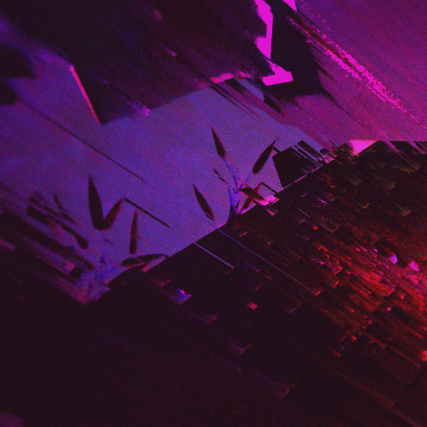 Plants grow from where the side of a building meets the sky. Night falls as glitchy rain washes the view away.