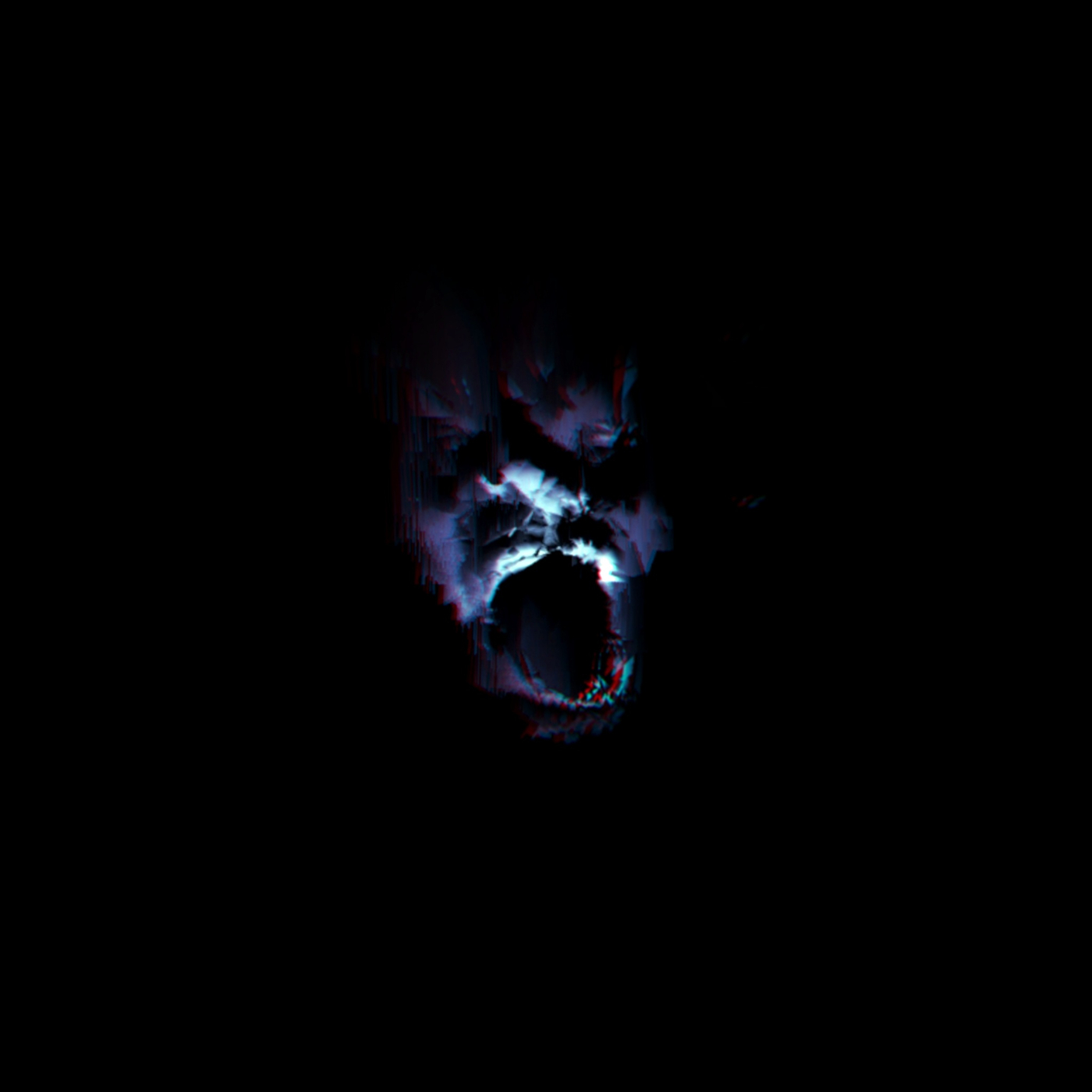 A distorted face with an expression of horror is being pulled into a pitch-black background.