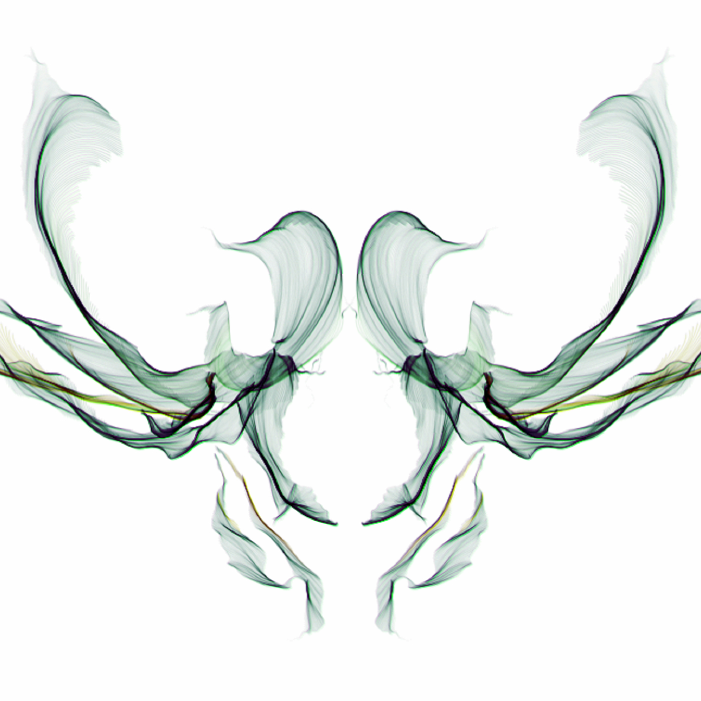 An abstract shape with vertical symmetry resembling a face made out of green silk.