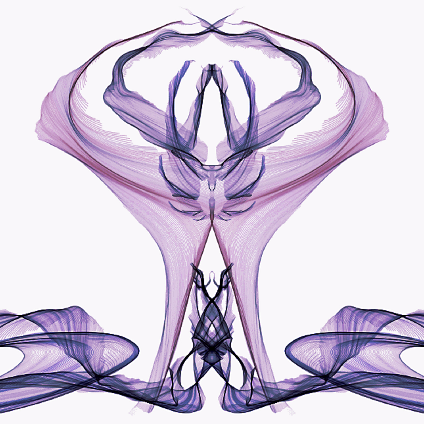 An abstract shape with vertical symmetry resembling a hooded phantom made out of purple silk.
