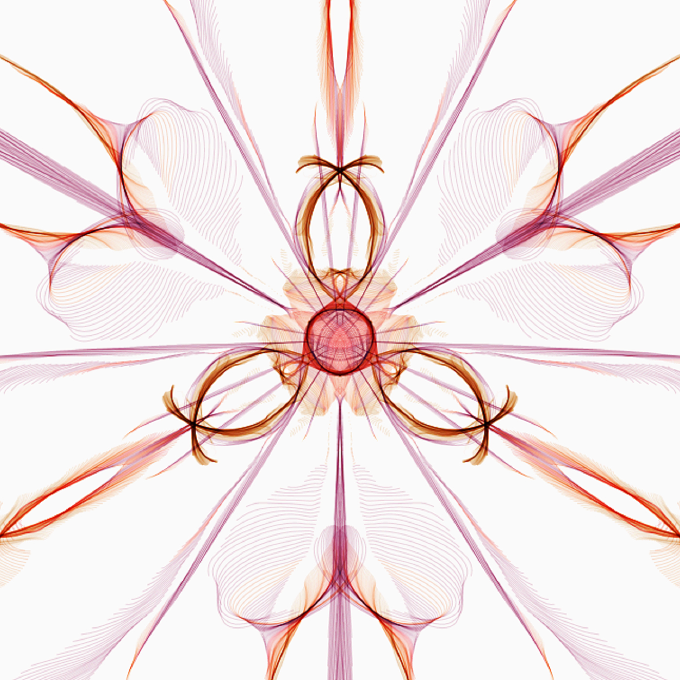 An abstract shape with triangular symmetry that resembles a red and orange flower.