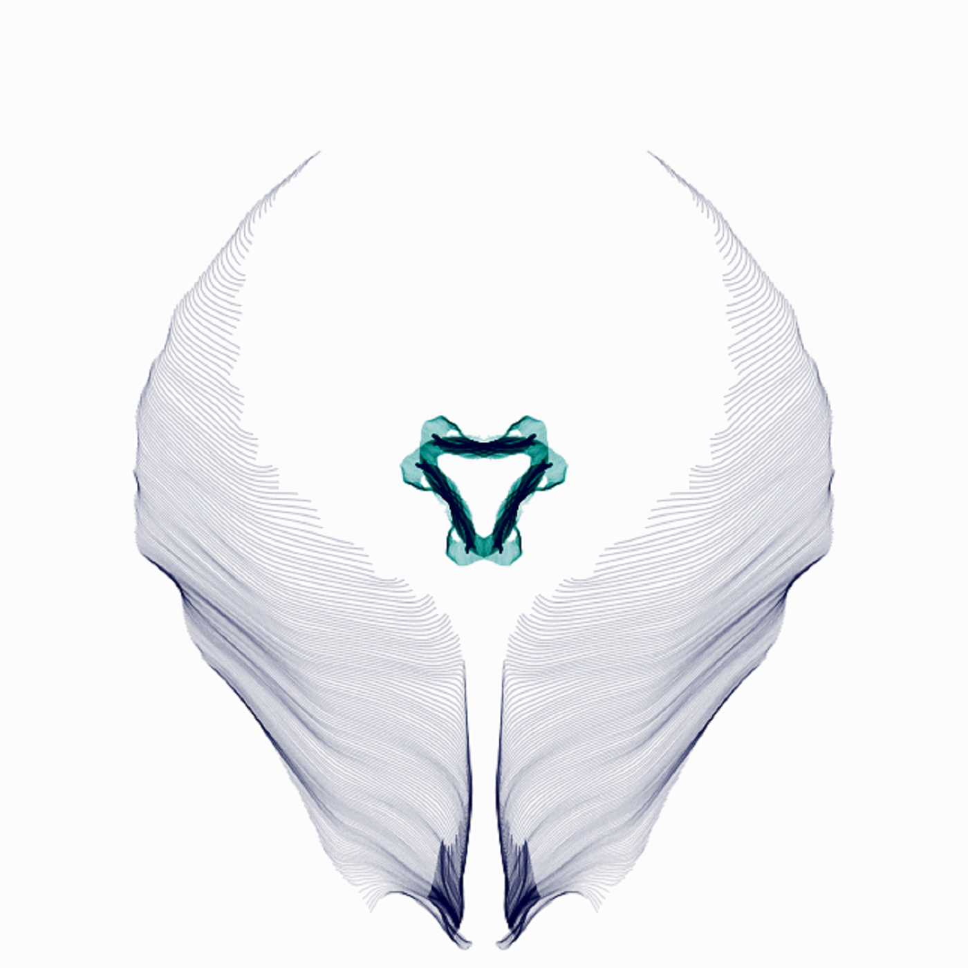 An abstract shape that resembles a silken mask. There is a triangular, teal crystal in the center.