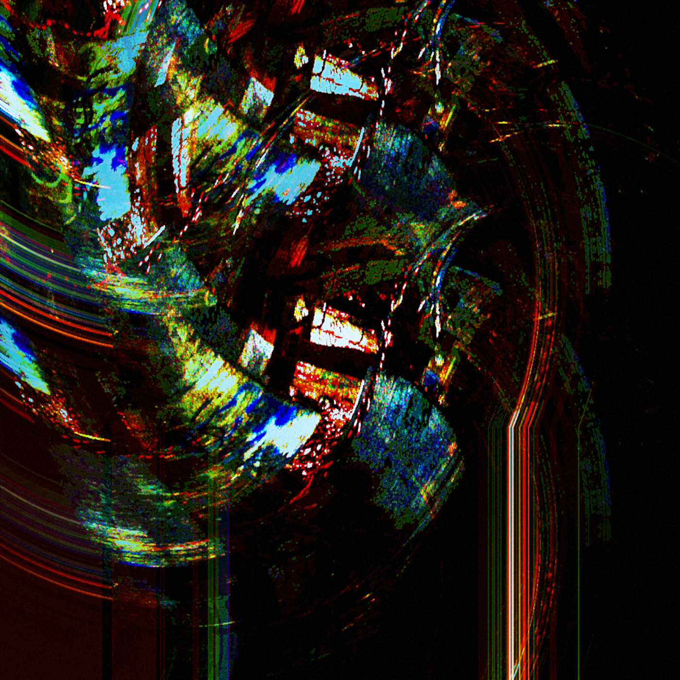 An abstract form vaguely resembling a human face. It has a corroded texture.