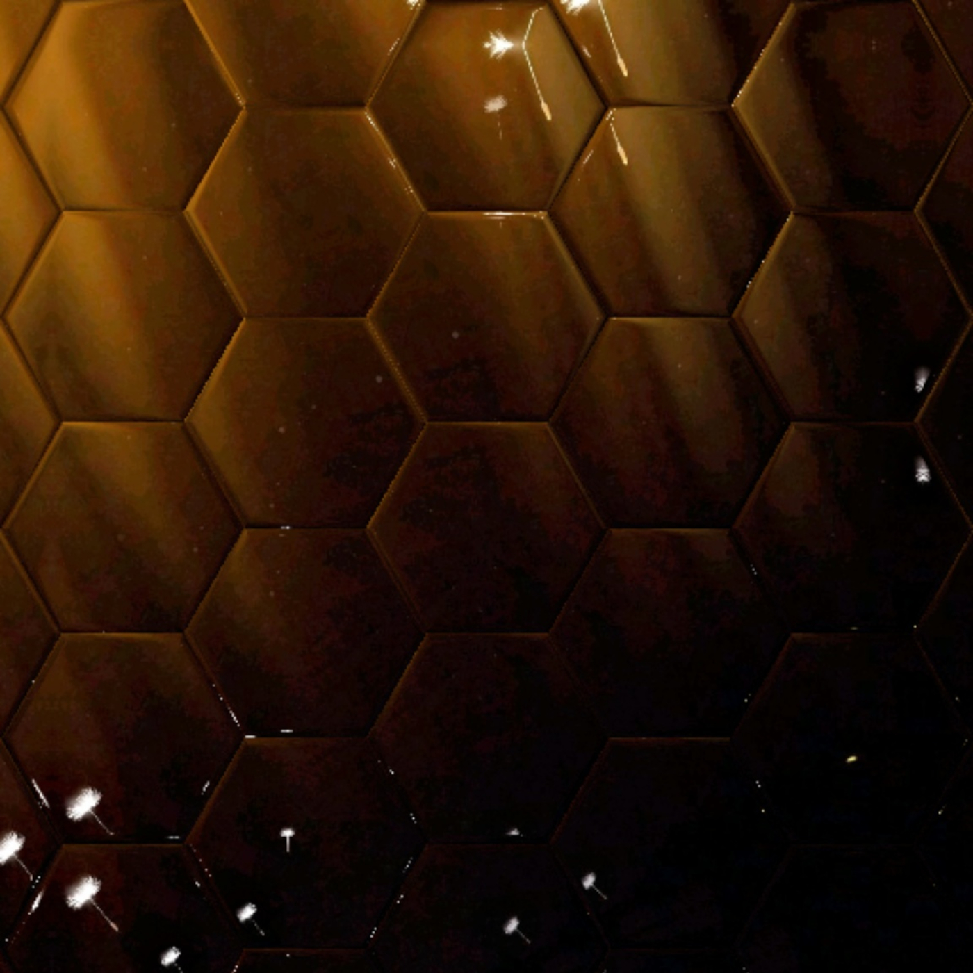 A reflective wall made of hexagonal tiles. The bottom is dark, but the top has a golden light. There are dandelion seeds floating in front of the wall.