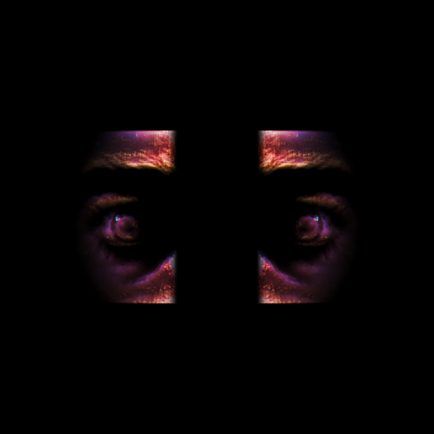 A face stares at you from the dark. Only the area around the lifeless eyes is visible, but the vertical center of the face is missing.
