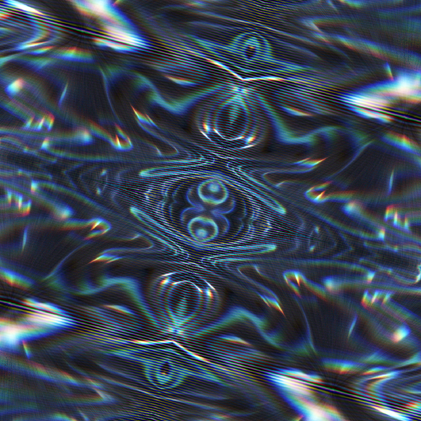 Abstract, psychadelic patterns of light with diagonal scanlines overlayed.