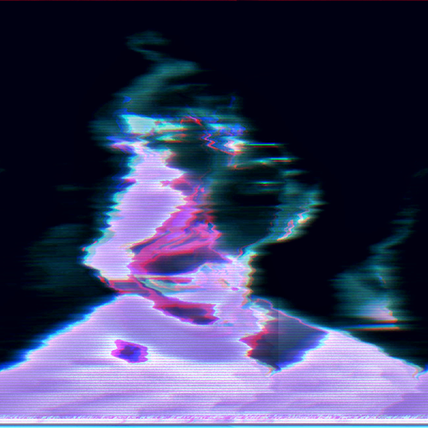Portrait view of a boy. He is distorted and resembles a ghost. The image has a black background and artifacts associated with VHS tapes.