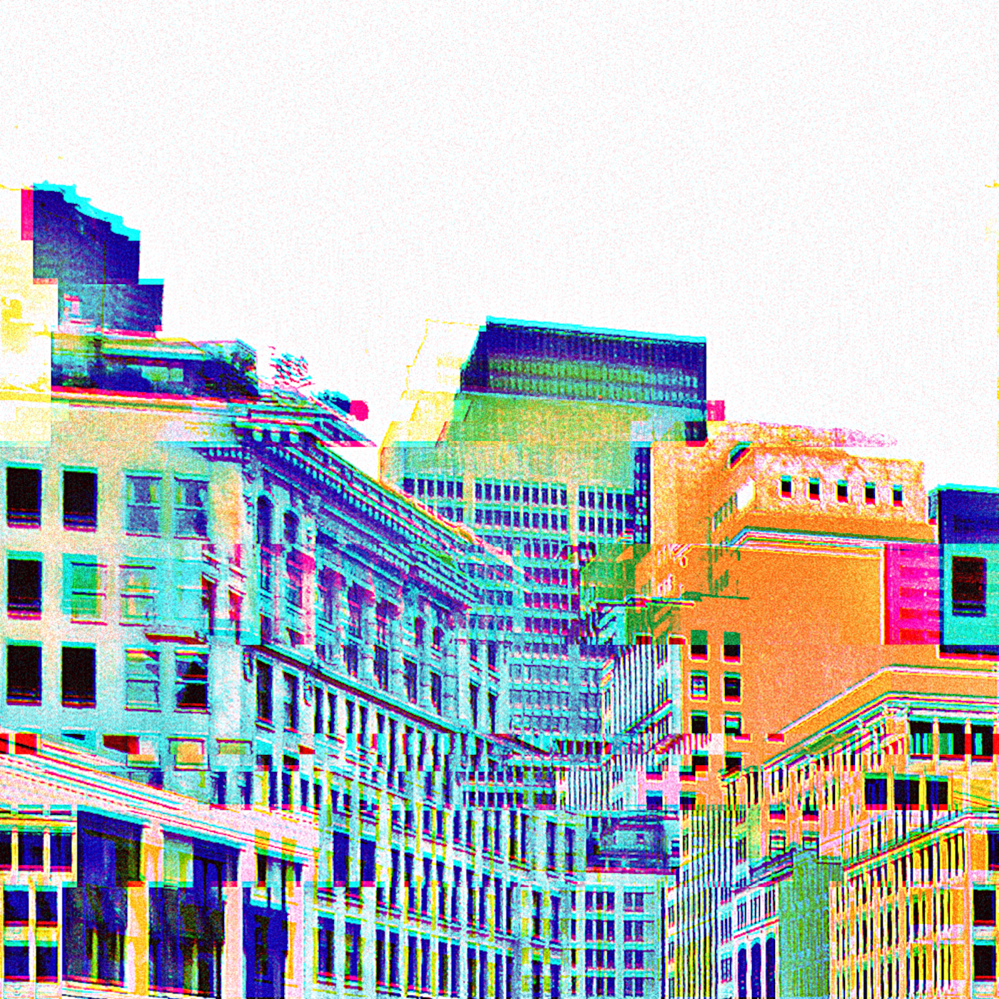 Tall city buildings with a white background and glitch effects.