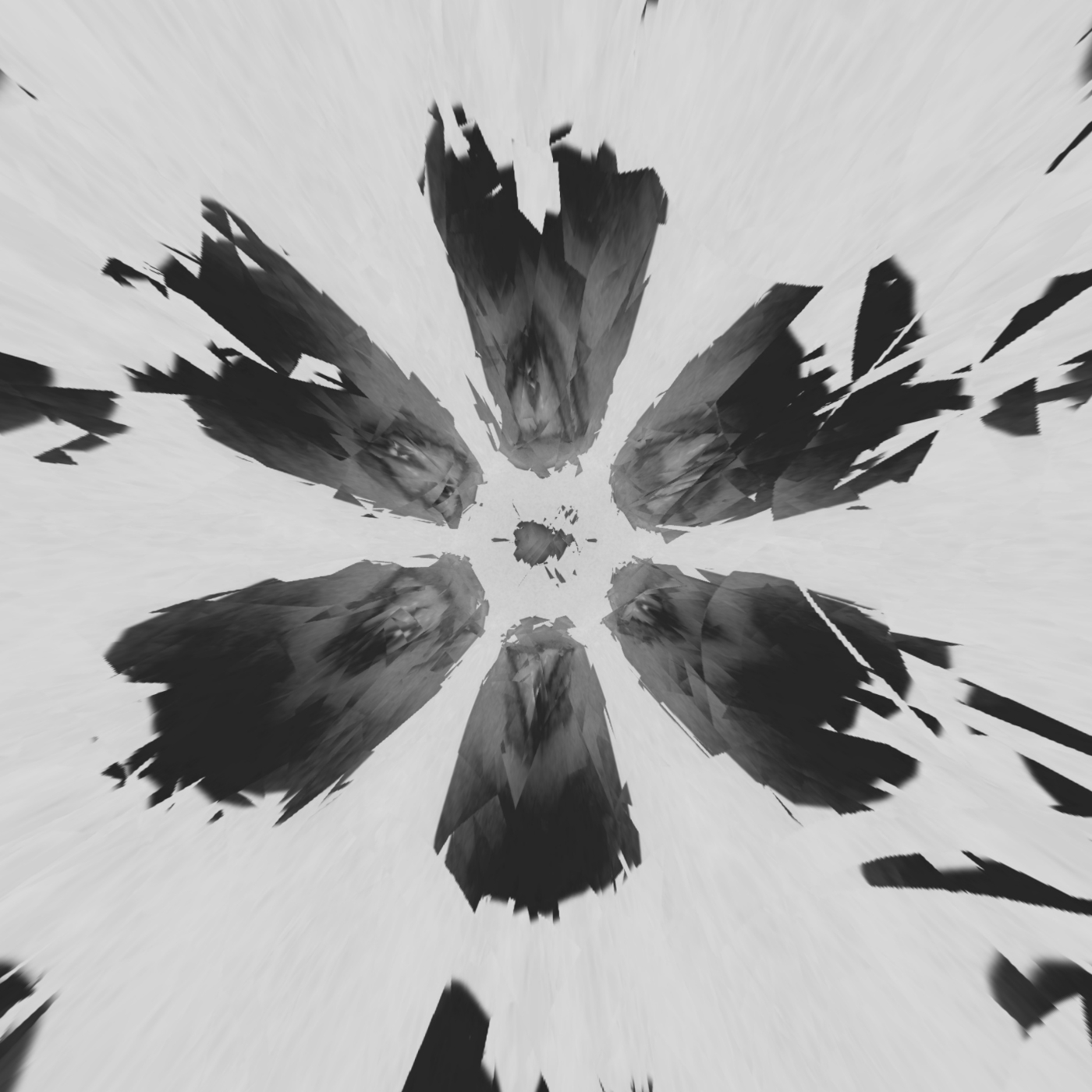An abstract object with six symmetrical petal-like sections. Each has an eye at it's center, and they are all being pulled out of frame as if disintegrating.